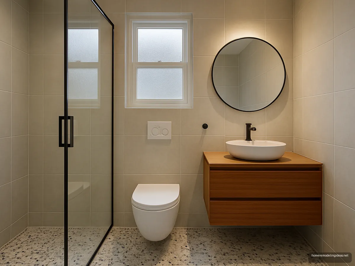 Compact renovated bathroom with matte grey tiles, glass shower partition and teak finish vanity