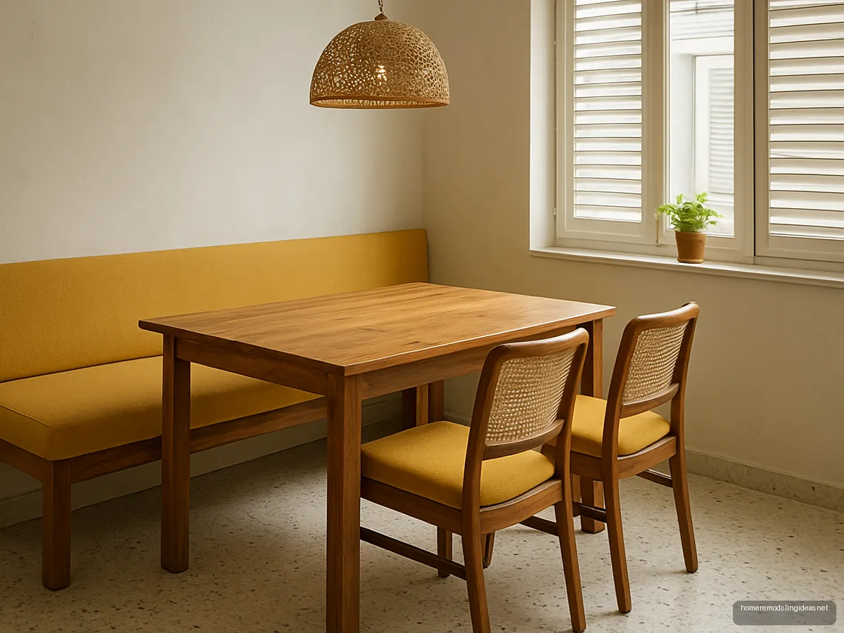 Window dining nook with mango wood table, mustard bench, cane chairs and rattan pendant