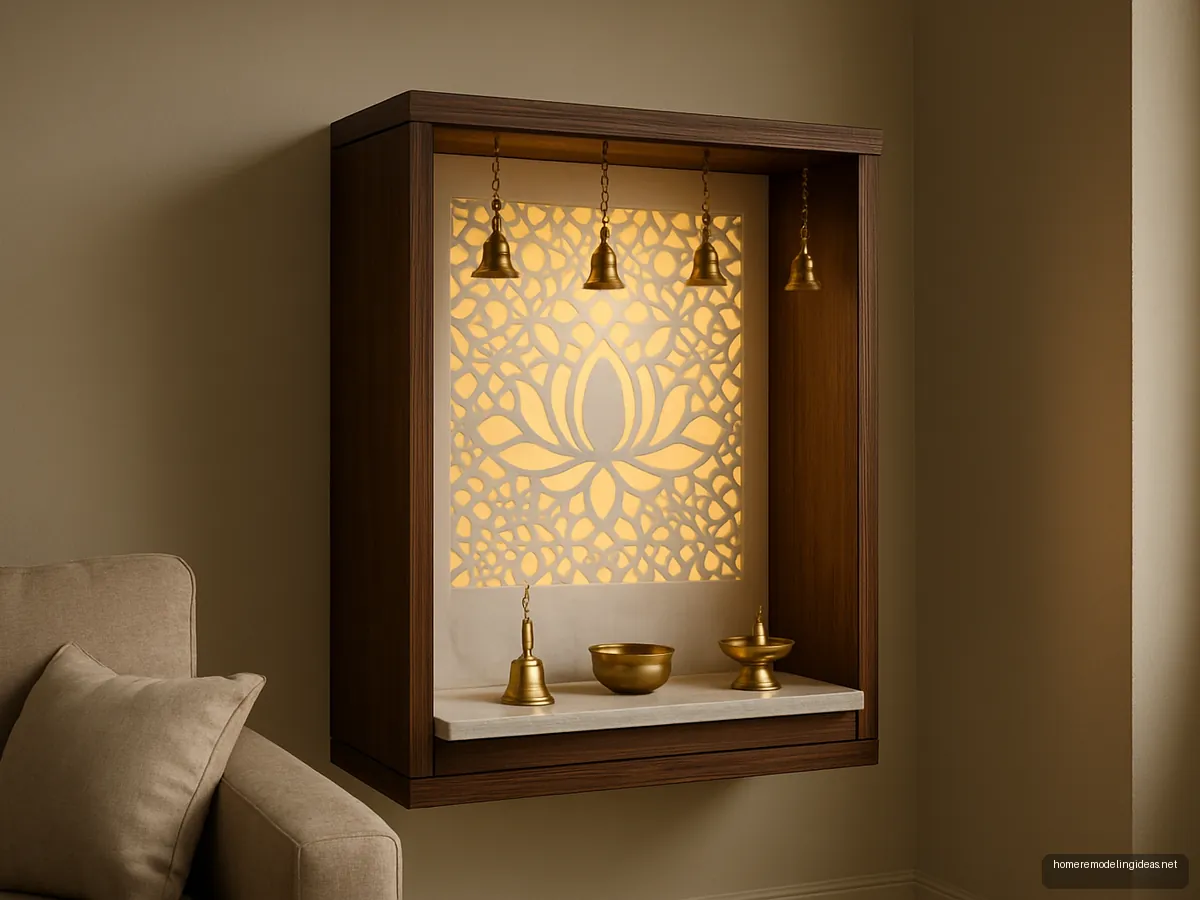 Wall-mounted white jaali pooja unit with backlit lotus pattern and brass bells in a hall corner