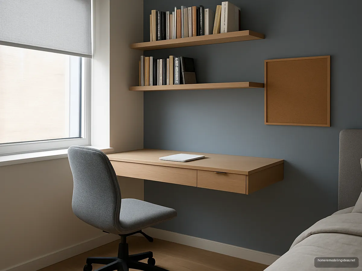 Bedroom study corner with floating light oak desk, grey chair and blue-grey wall