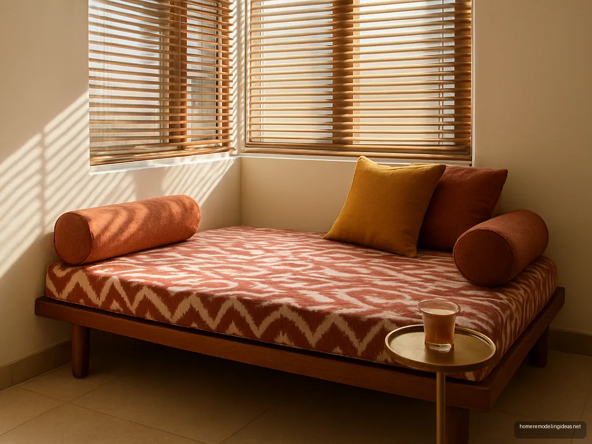 Teak diwan daybed by a bay window with rust ikat mattress and round bolsters