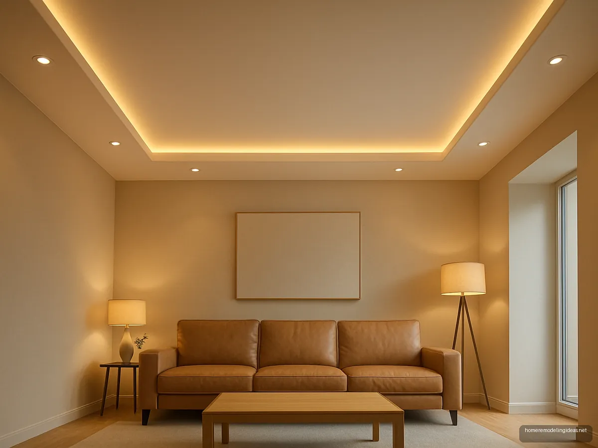 Living room with simple peripheral false ceiling, warm cove lighting and leather sofa