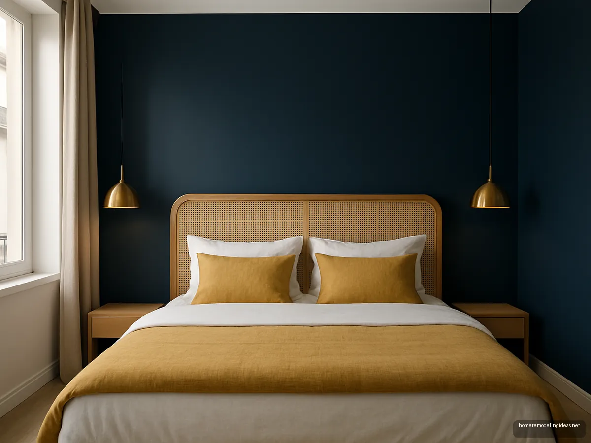 Bedroom with navy wall, cane headboard king bed and brass pendant lights