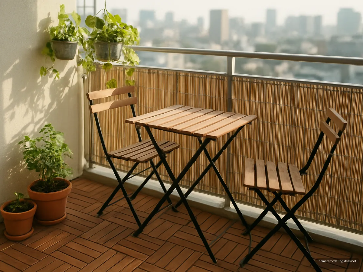 Small balcony sit-out with deck tiles, acacia bistro set and hanging plants
