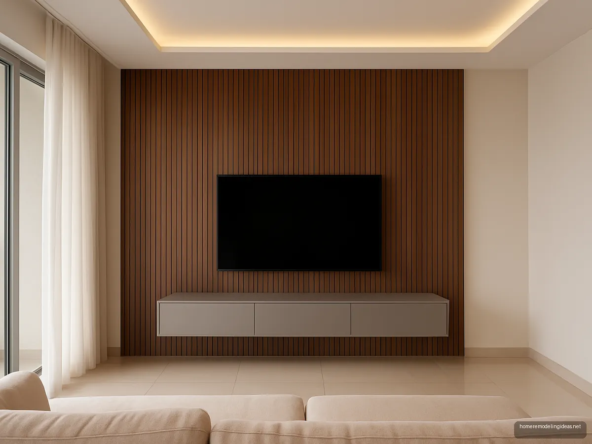 Living room with fluted walnut TV wall and floating grey console