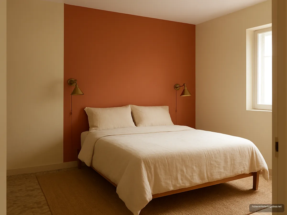 Bedroom with terracotta accent wall and brass wall lamps