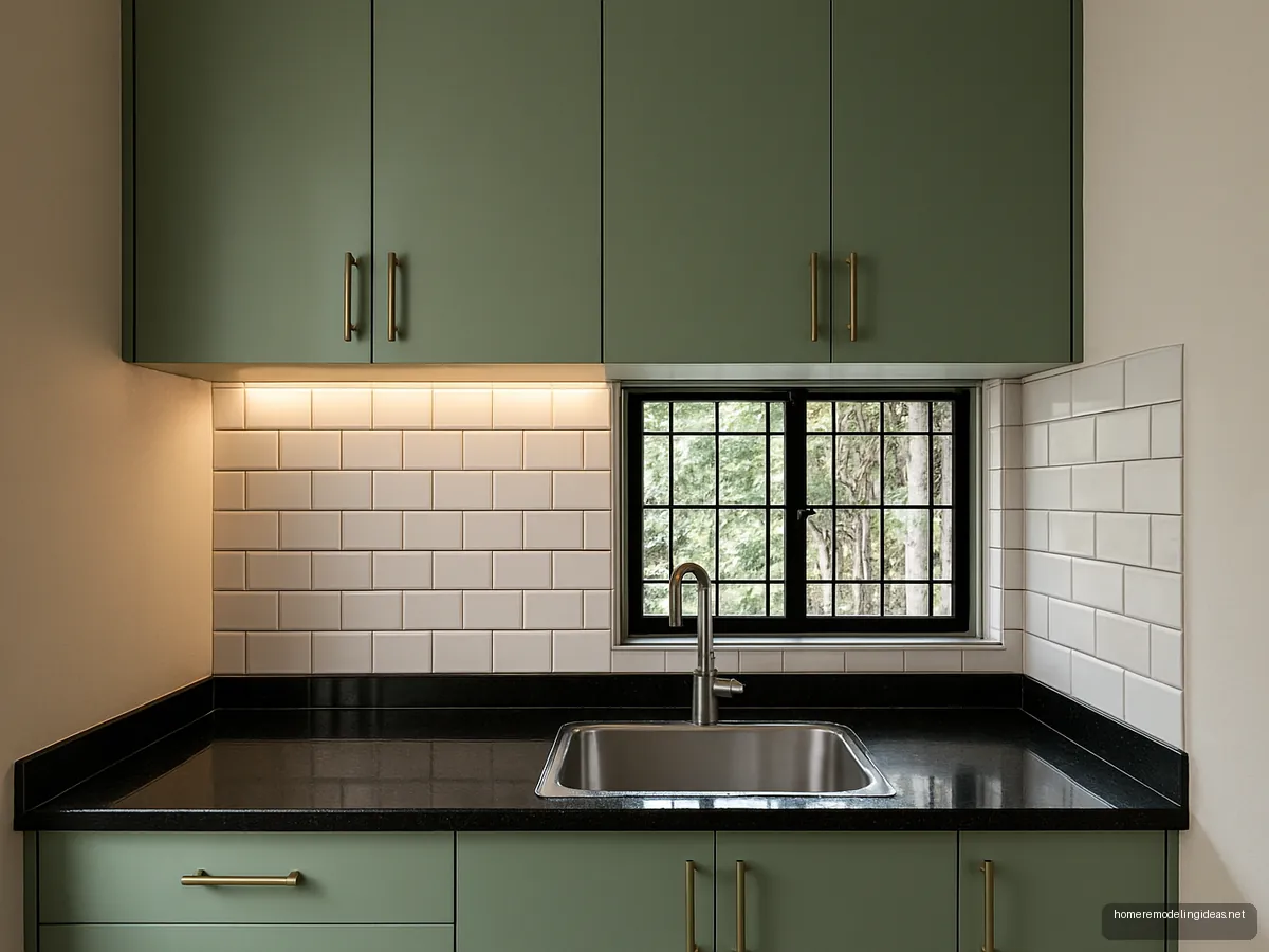 Compact kitchen with sage green shutters and black granite counter