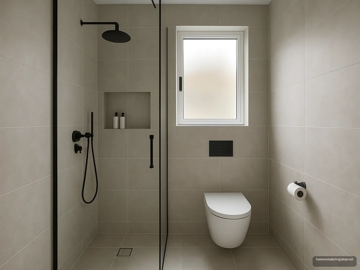 Small grey bathroom with wall-hung WC and glass partition