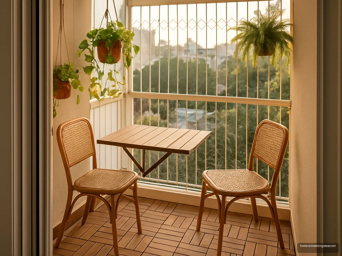 Balcony with deck tiles, cane chairs and hanging plants