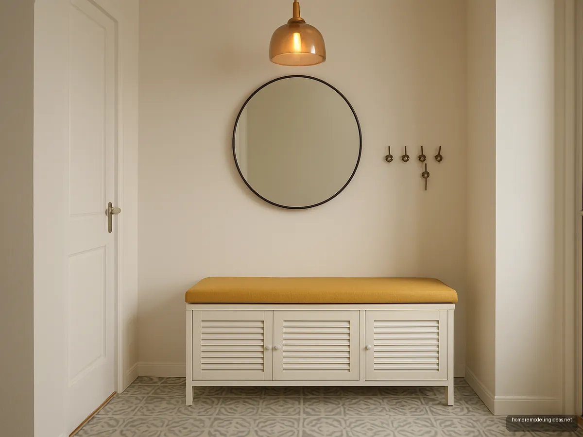 Entrance foyer with white shoe bench, mirror and patterned floor tiles