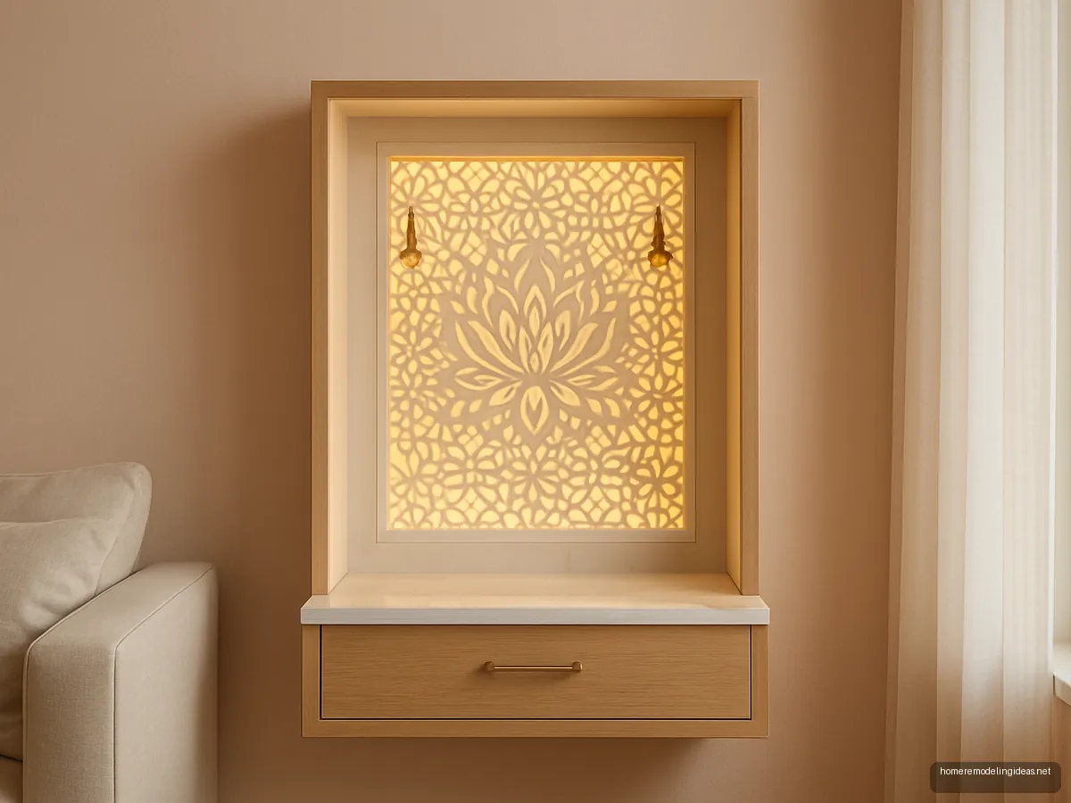 Pooja niche with backlit ivory jali and marble base in a hall corner