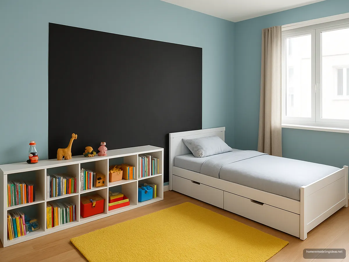 Kids room with chalkboard wall, pastel blue walls and low shelves