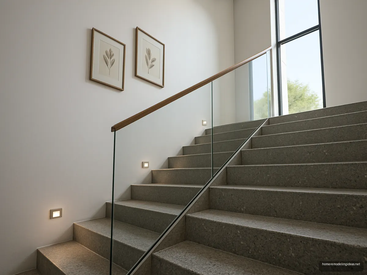 Bungalow staircase with terrazzo steps, glass railing and teak handrail