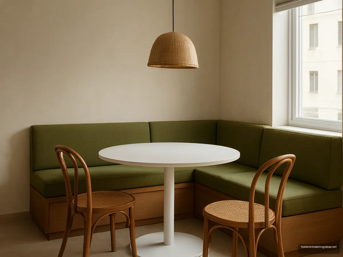 Dining corner with olive banquette seating and rattan pendant