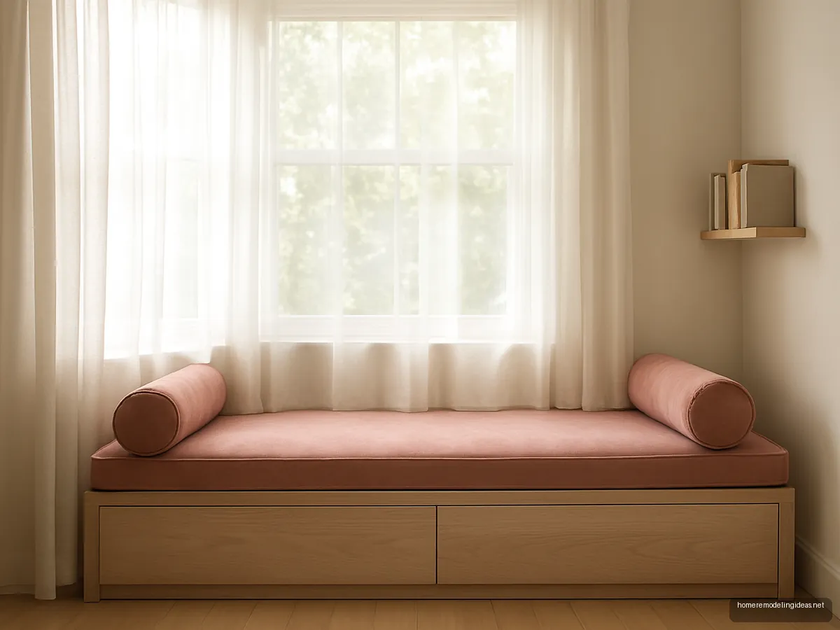 Bay window reading seat with drawers and pink cushions