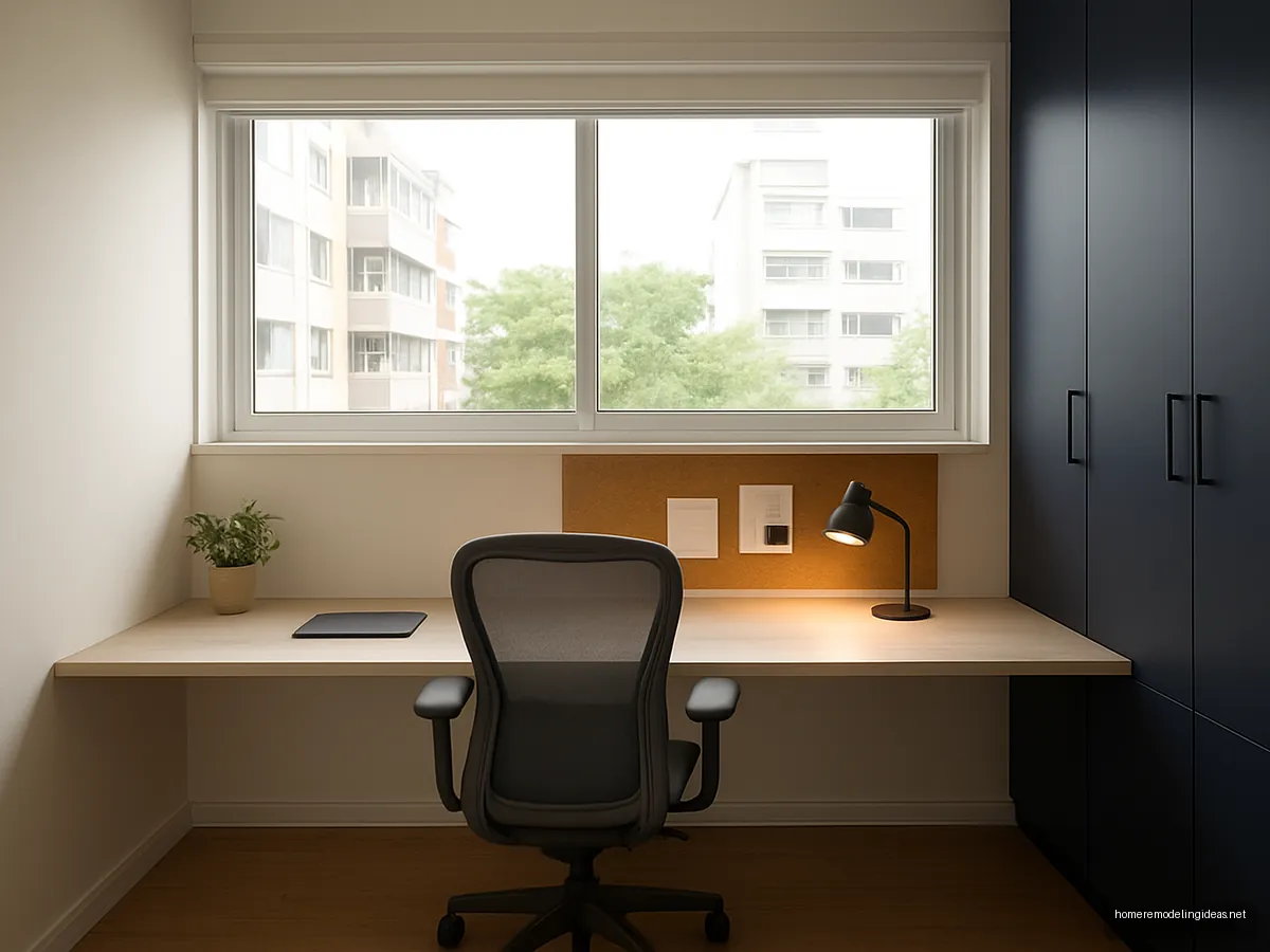 Spare room home office with long oak desk and navy cabinets