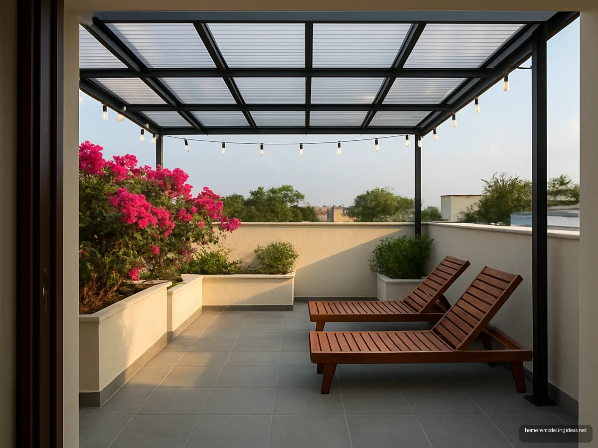 Bungalow terrace with black pergola, planters and loungers
