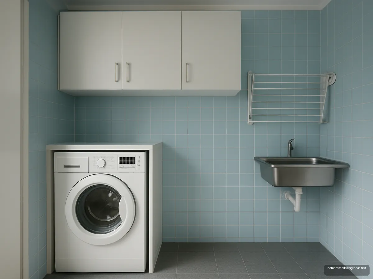 Utility area with washing machine niche, white cabinets and drying rack
