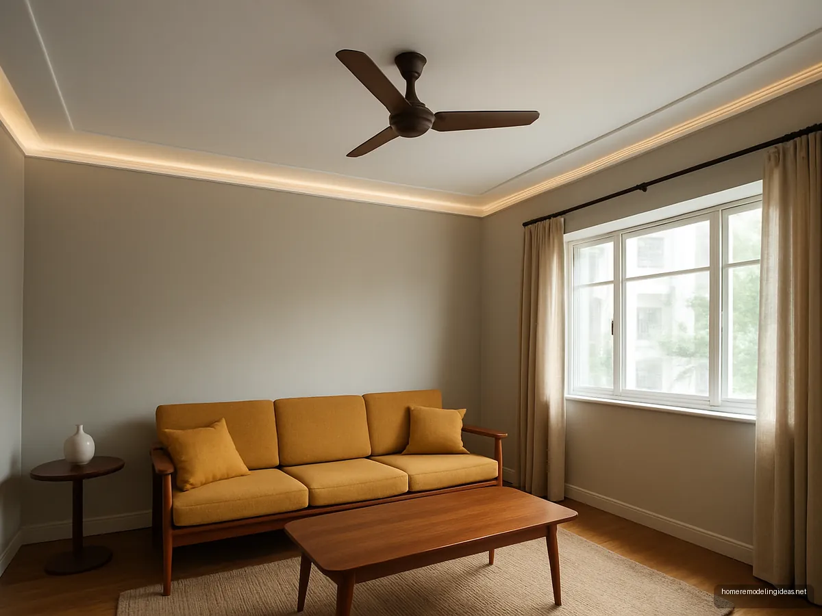 Living room with perimeter cove ceiling and teak sofa