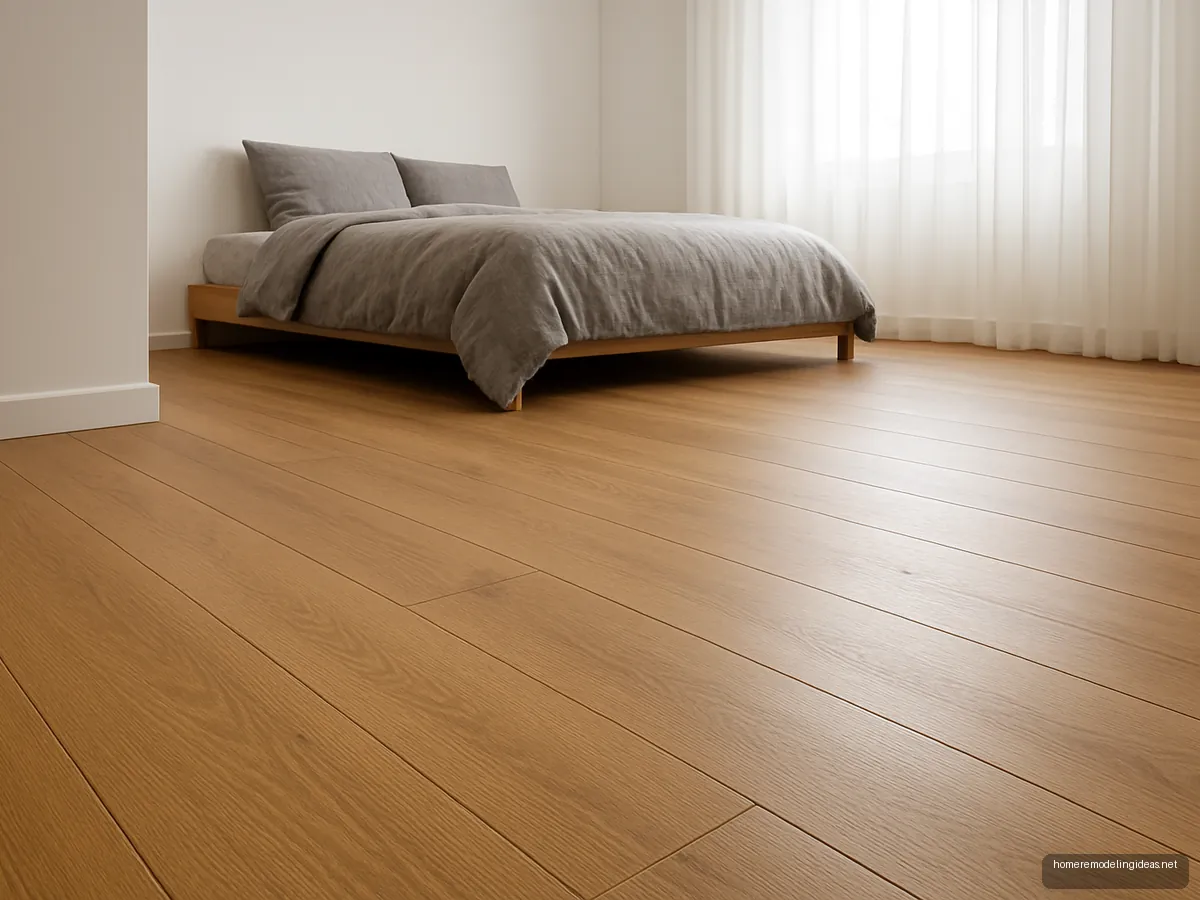 Bedroom with honey oak laminate floor and low grey bed