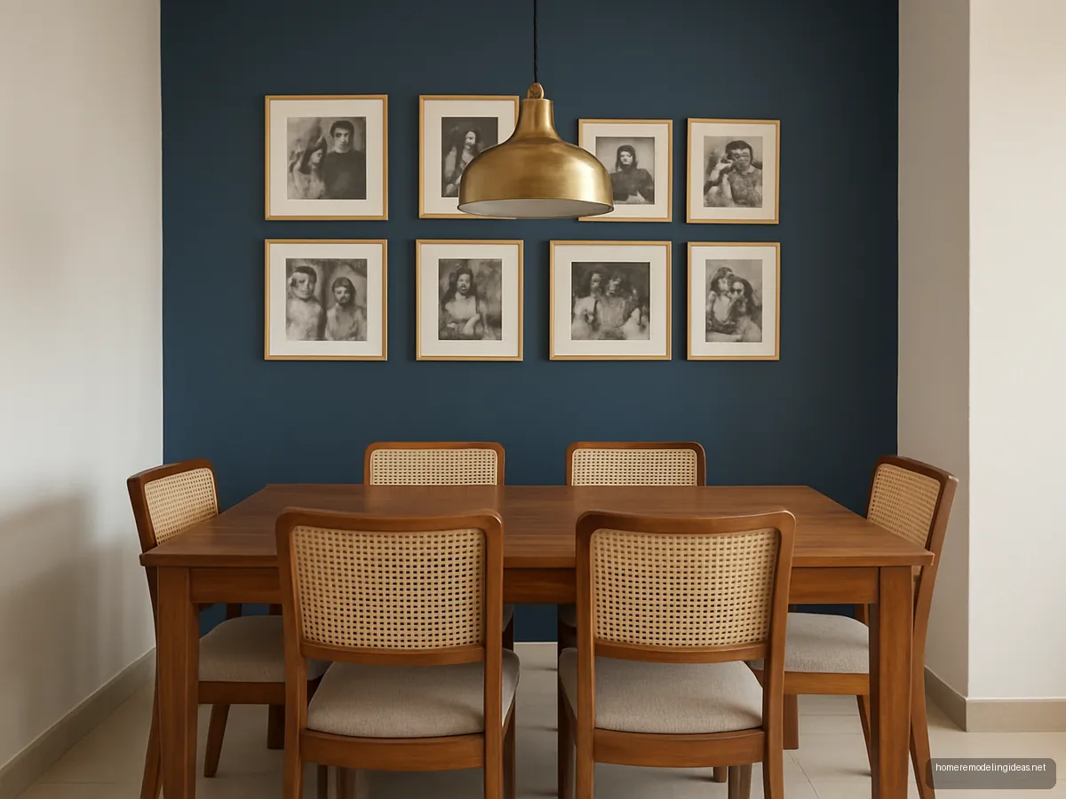 Dining area with navy gallery wall and light wood table