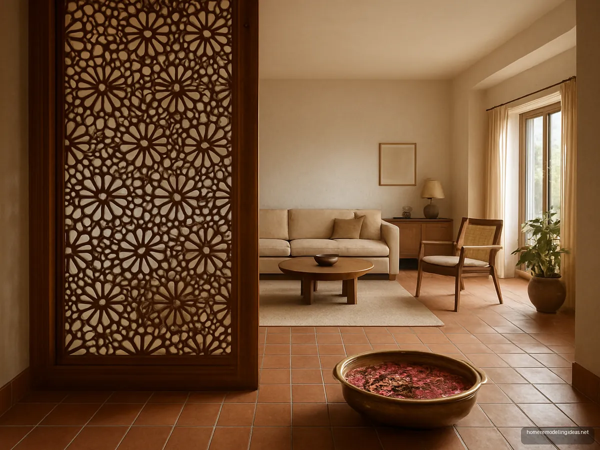 Carved wooden jaali partition with terracotta floor and brass urli