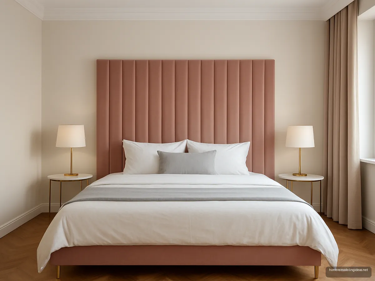 King bed with blush velvet channel-tufted headboard