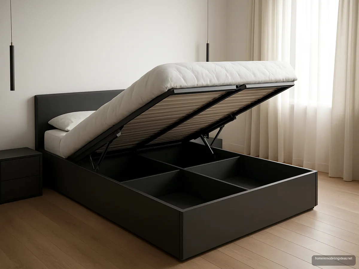 Grey hydraulic king bed lifted open to show storage