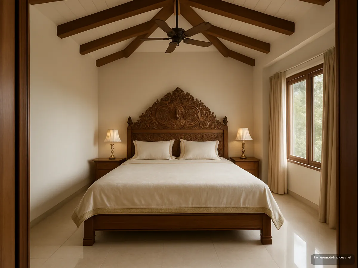 Carved Burma teak king bed with peacock motif headboard
