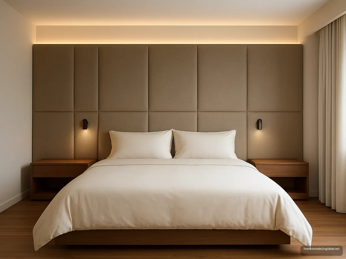 King bed with wall-to-wall taupe panel headboard and built-in side tables