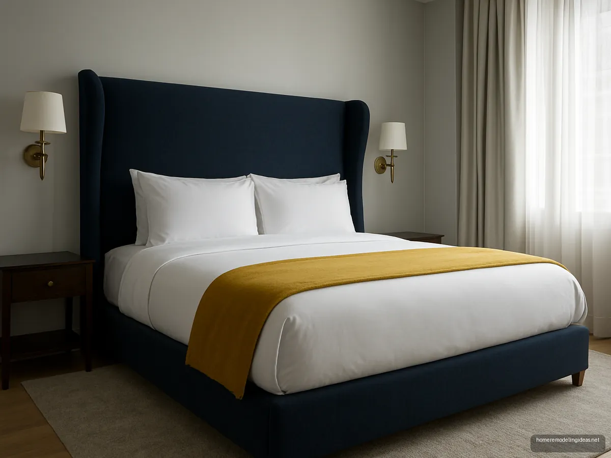 King bed with navy wingback headboard and brass sconces