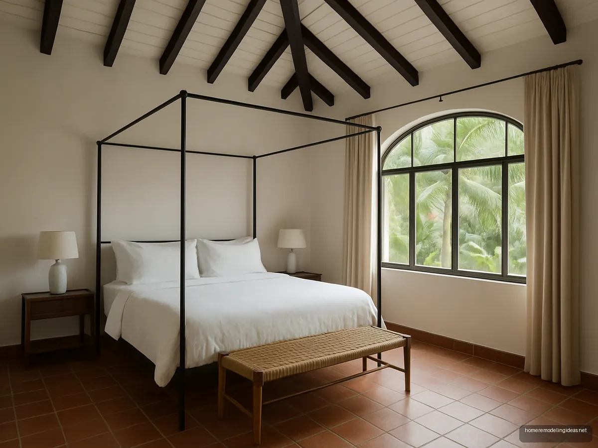 Black metal four poster king bed in a tall villa bedroom