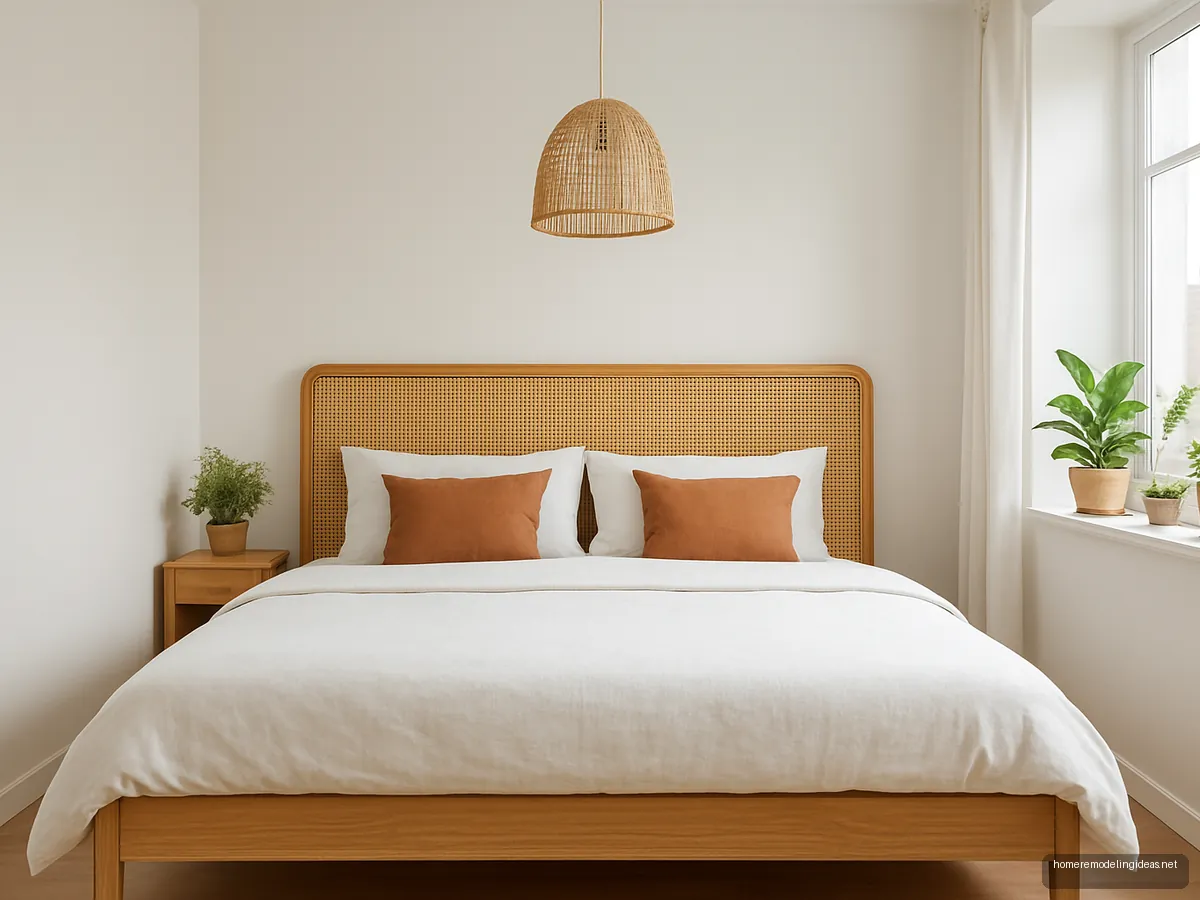 Light oak king bed with woven cane headboard