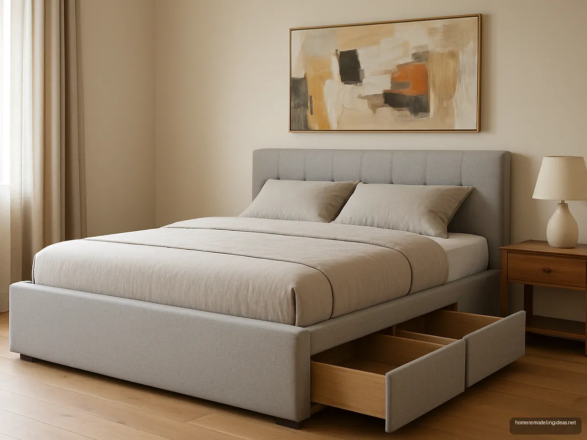 Light grey upholstered king bed with open side drawers
