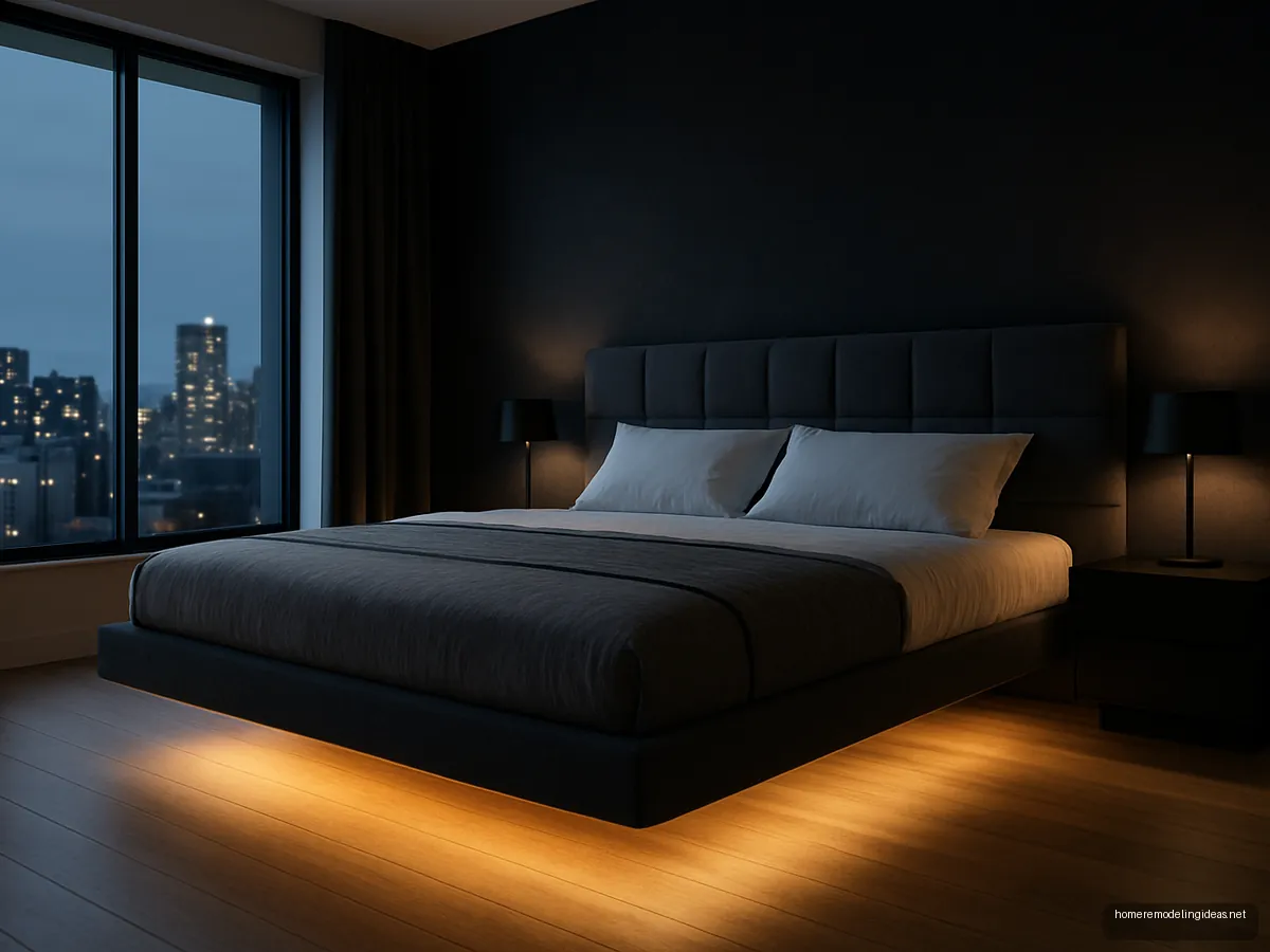 Floating king bed with warm LED underglow at night