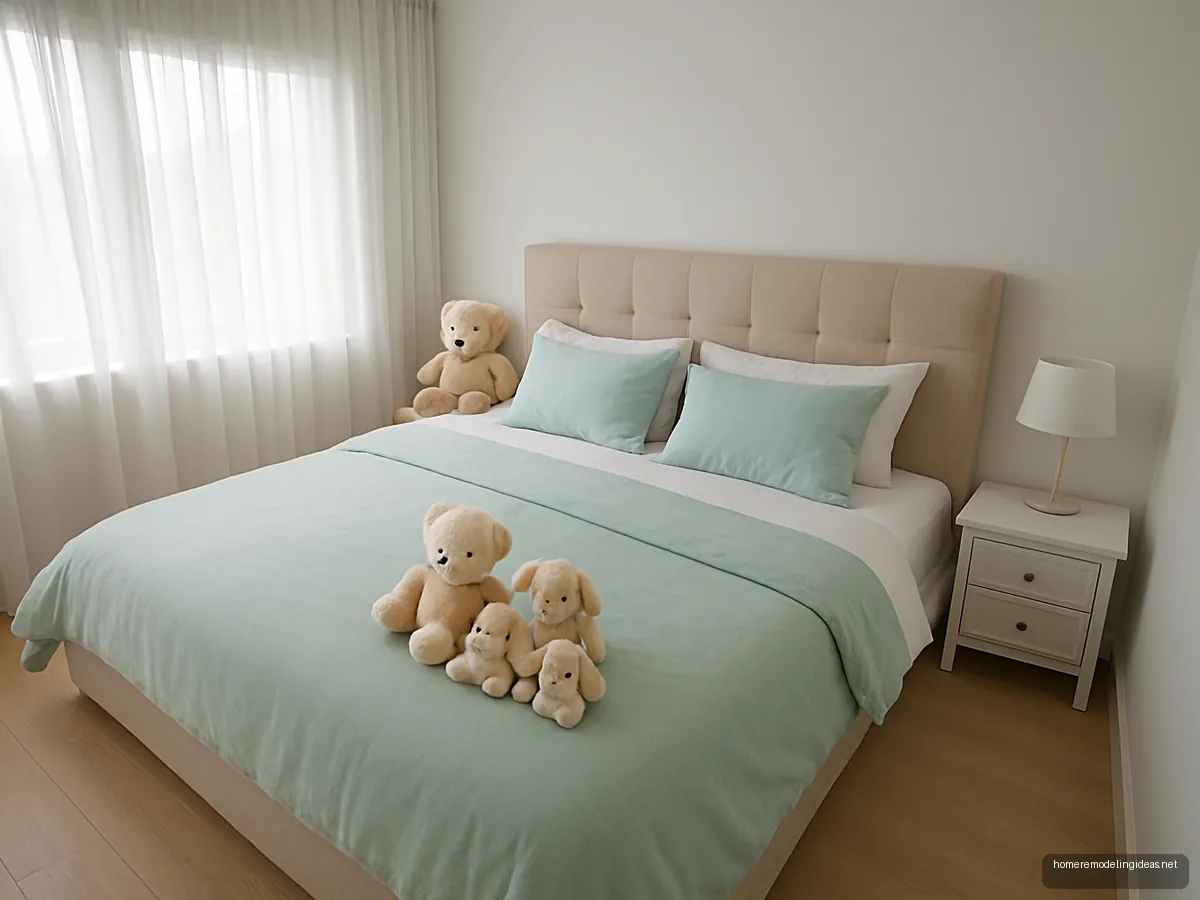 Extra-wide super king bed with mint bedding in a family bedroom