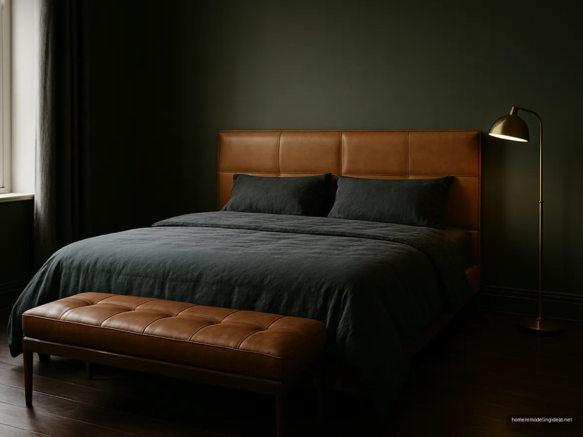 King bed with tan leather headboard panels and olive walls