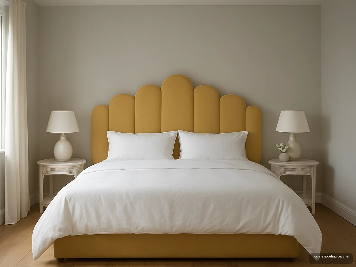 King bed with butter-yellow scalloped headboard