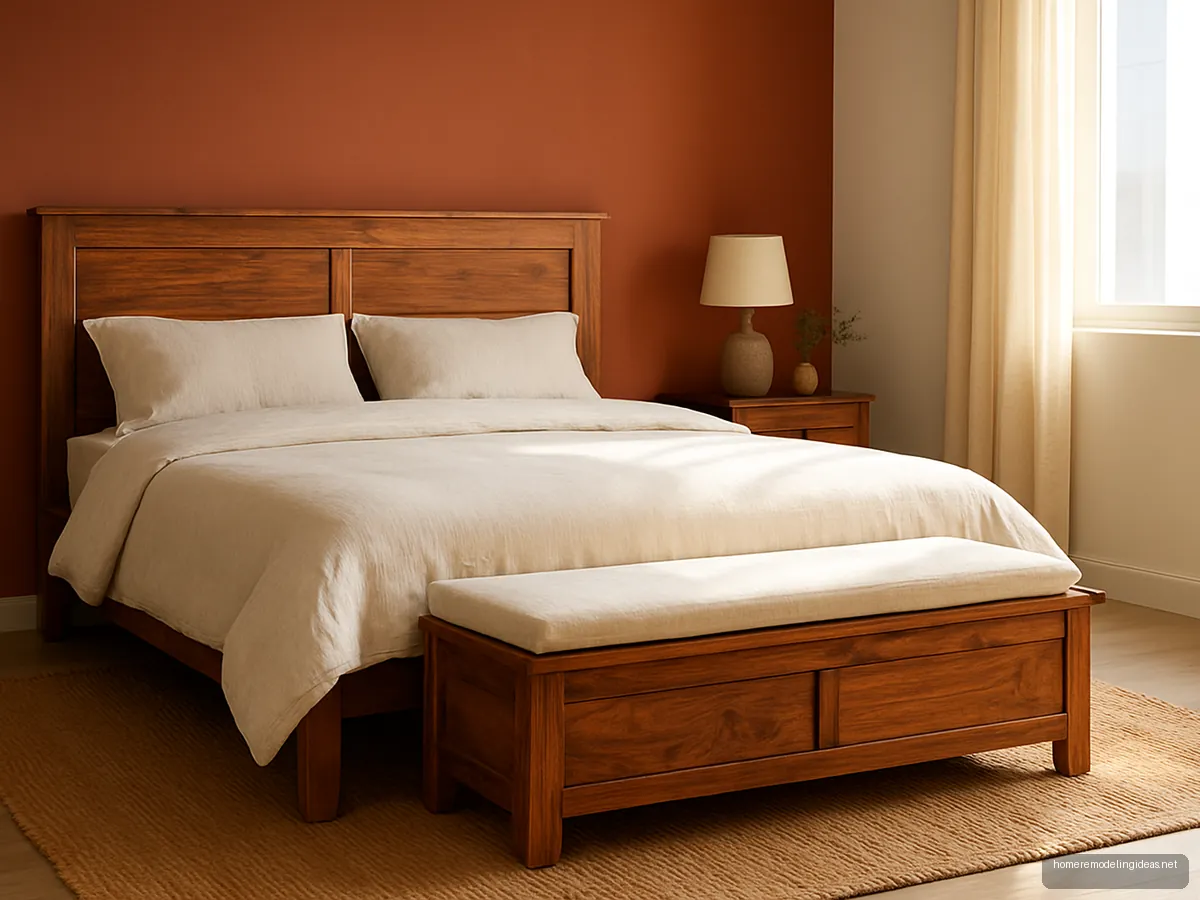 Sheesham king bed with matching storage bench at the foot