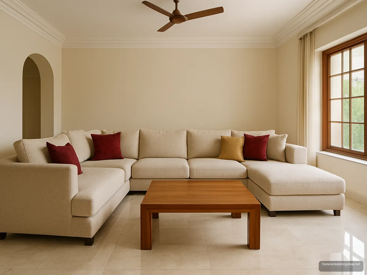 Seven-seater beige L-shaped sofa with maroon cushions and teak coffee table in a bungalow hall