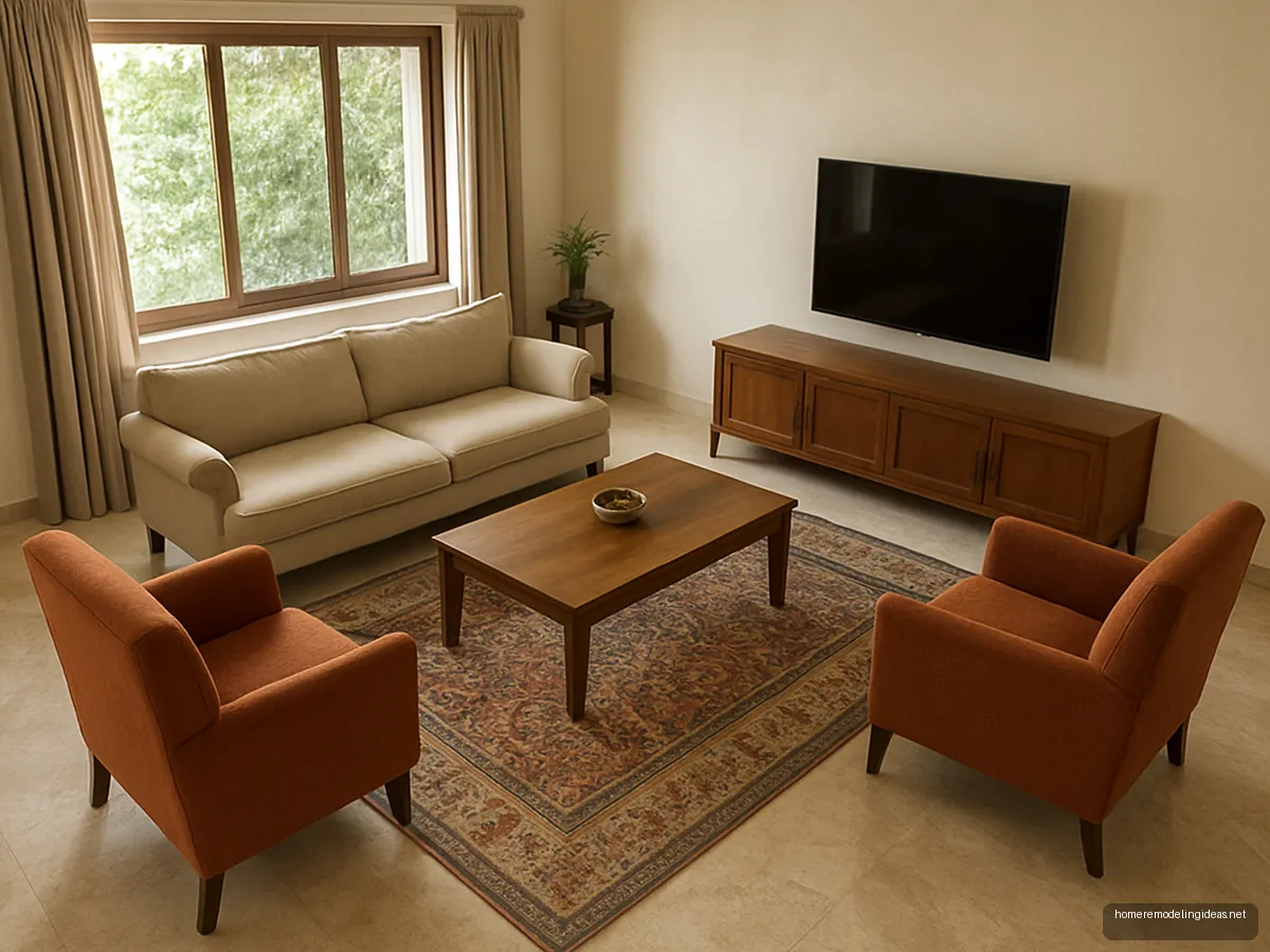 Hall layout with beige sofa, two rust armchairs and wooden centre table on a patterned rug