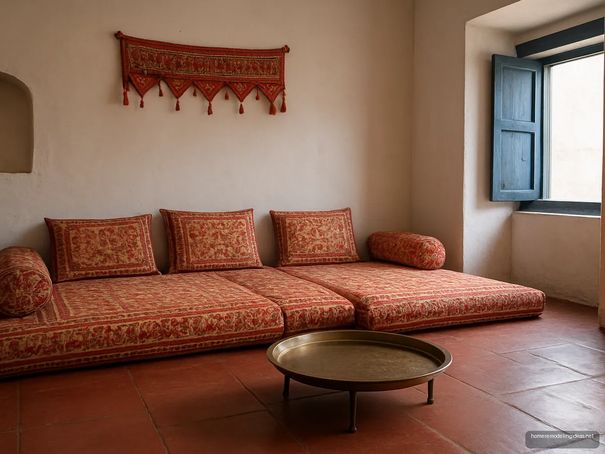 Floor seating with red and mustard block-print mattresses, bolsters and brass tray table