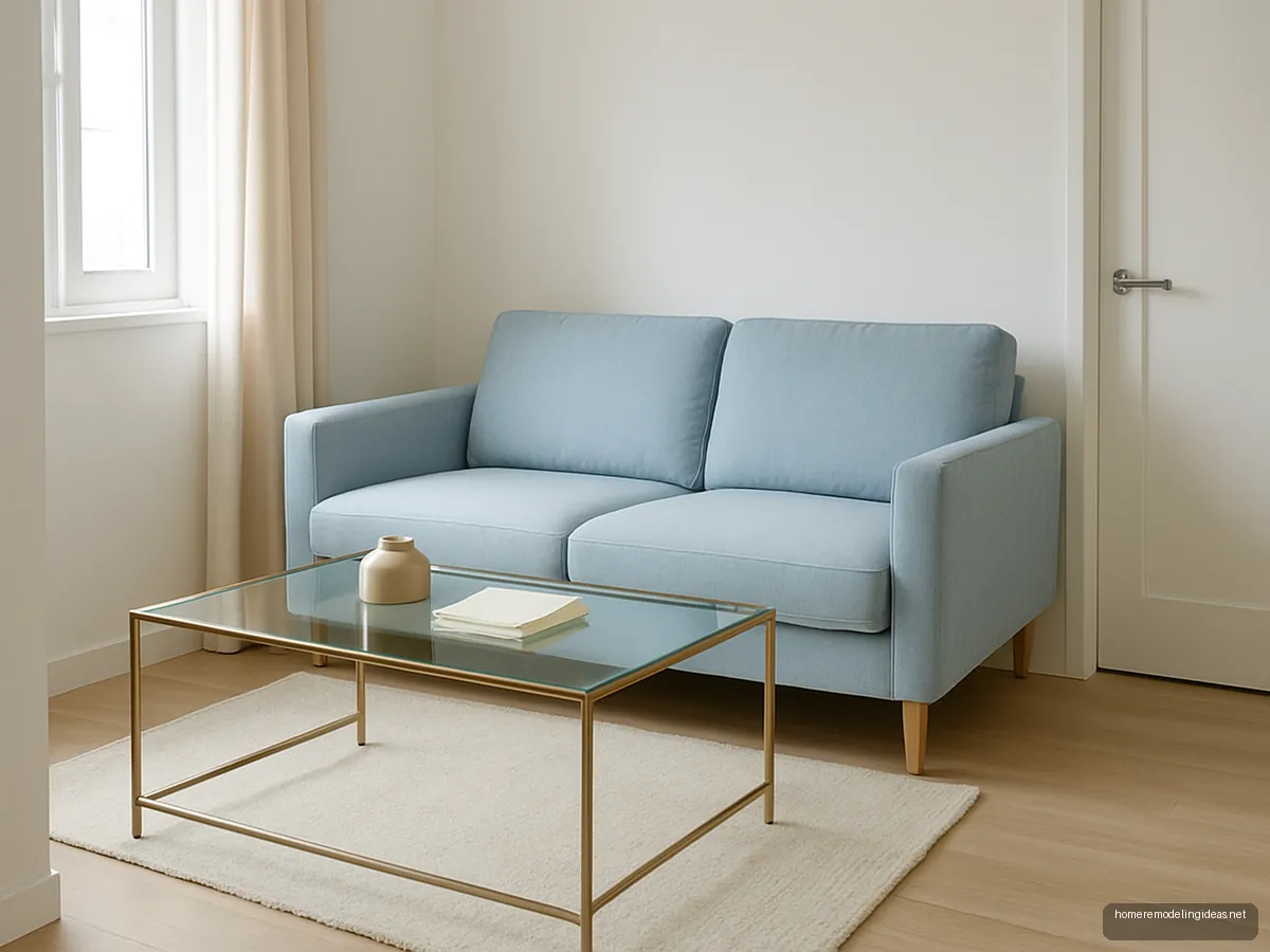 Glass top coffee table on brass frame in front of a light blue two-seater sofa