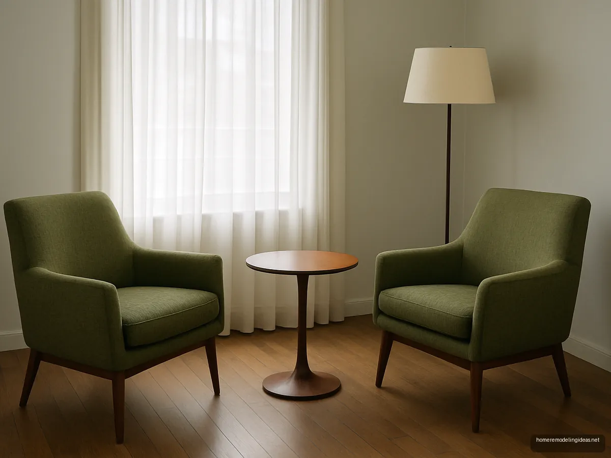 Two olive green accent chairs with a walnut side table by a window