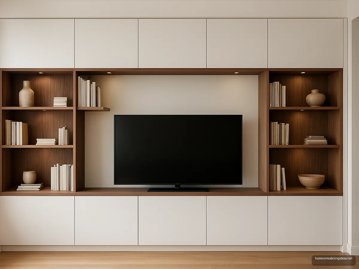 Full-wall white and walnut storage unit with TV space, closed cabinets and lit niches
