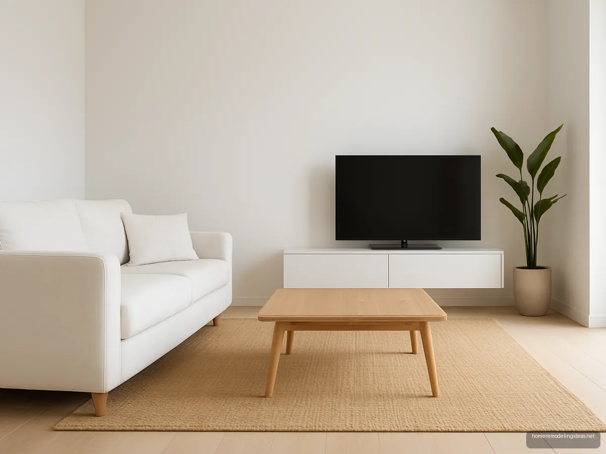Minimal white living room with pale oak coffee table, jute rug and tall plant