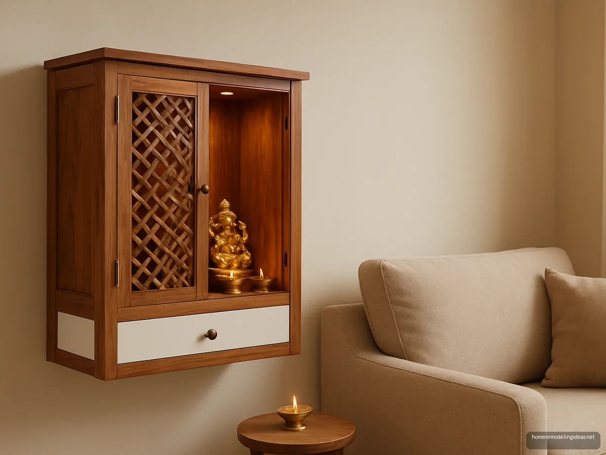 Wooden pooja unit with teak and white jaali doors on a living room wall