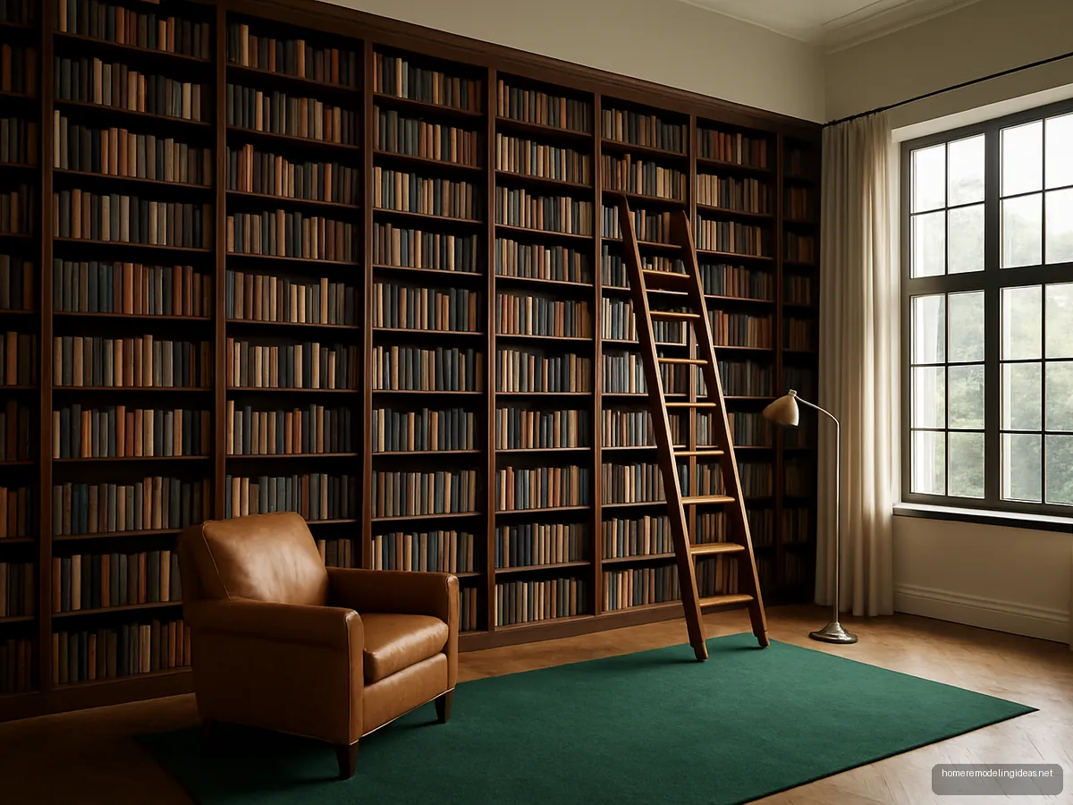 Floor-to-ceiling walnut bookshelf wall with library ladder and leather armchair