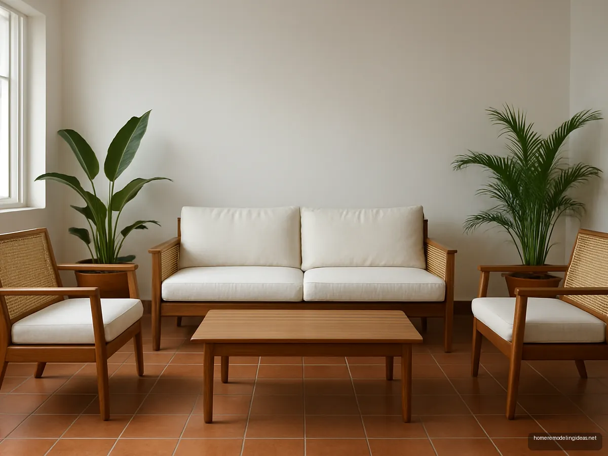 Teak sofa set with cane back panels and white cushions on a terracotta floor