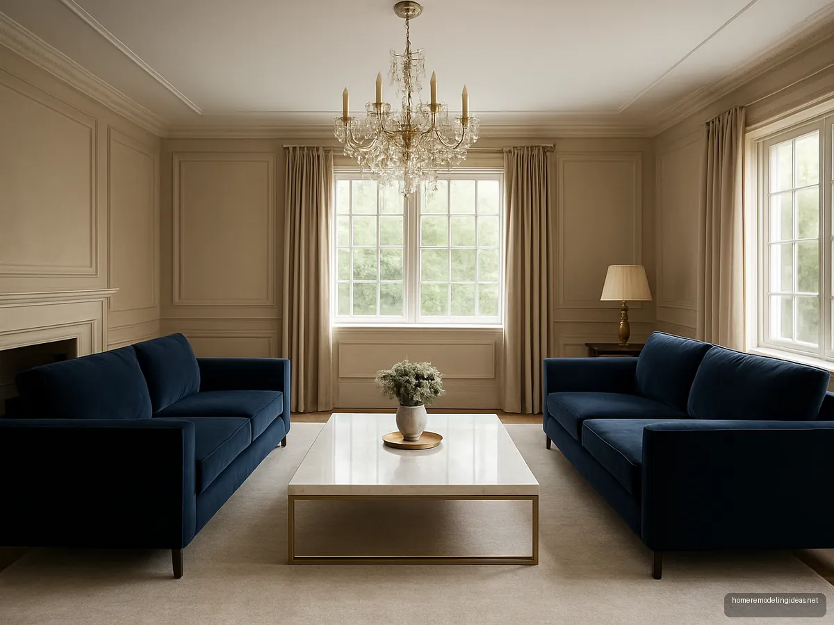 Formal drawing room with two navy velvet sofas, marble table and crystal chandelier